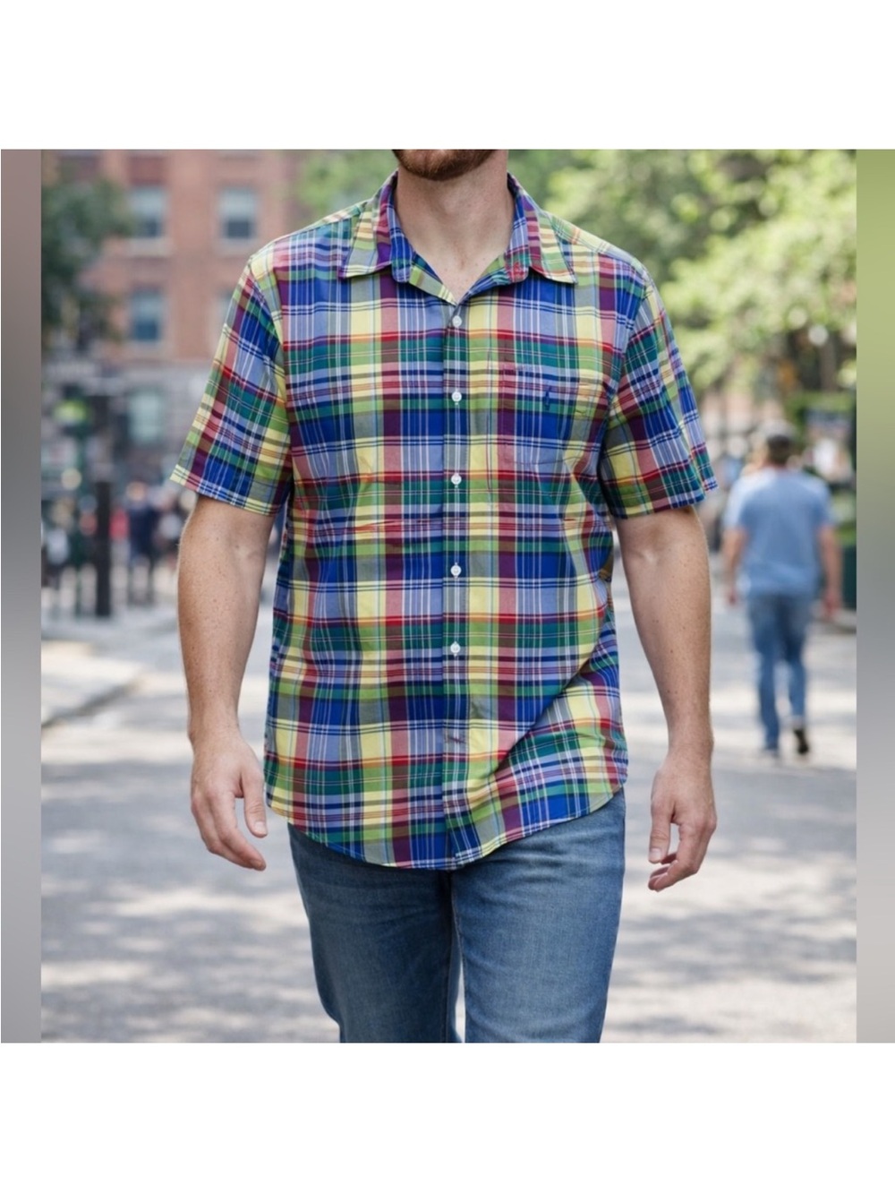 Men's Short-Sleeve Plaid Shirt - Blue/Green/Yellow